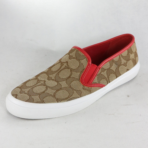 Coach Shoes - RARE COACH Chrissy Outline Khaki Red Slip On Shoes